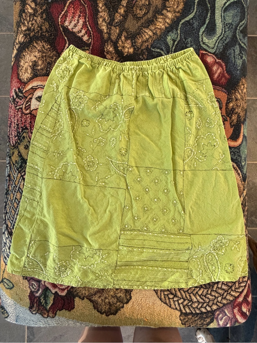 Embroidered Patchwork Midi Skirt - Lime Green